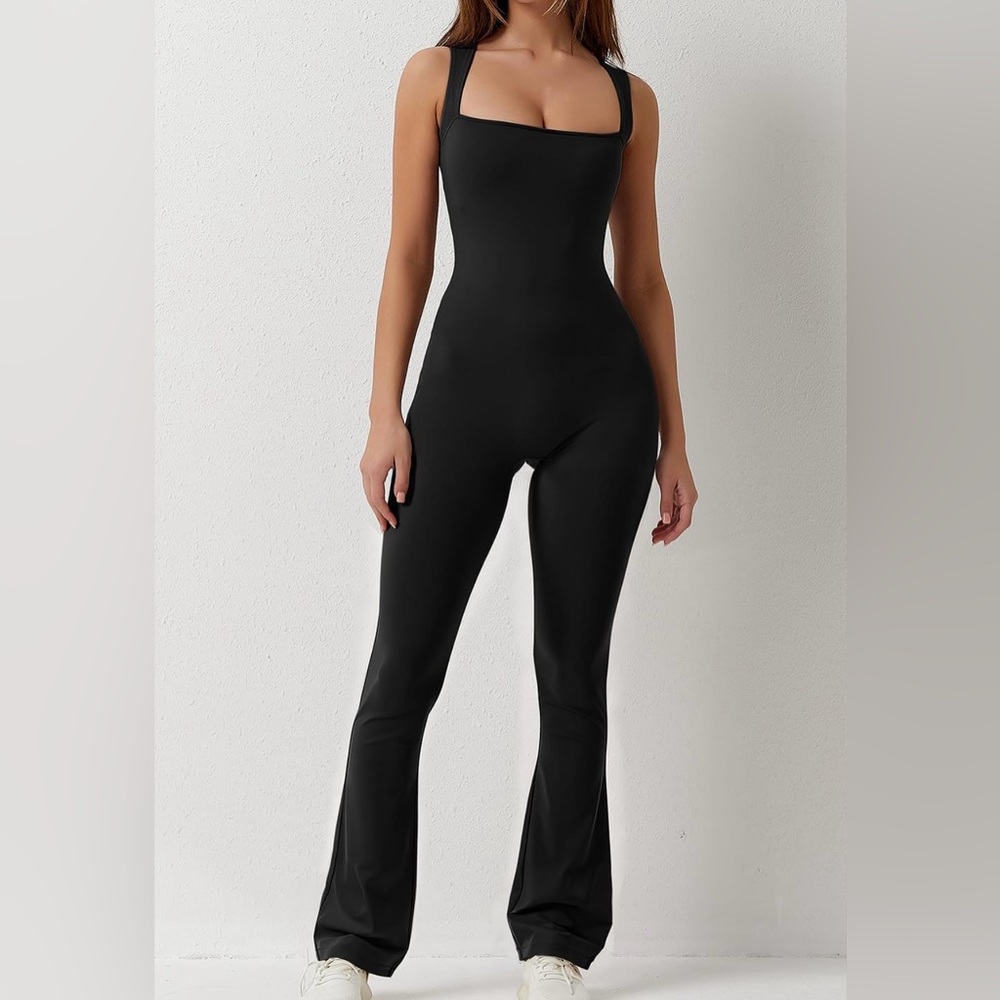 NWT QINSEN Black Jumpsuit Sleeveless Square Neck, Stretch, Flare Leggings Romper